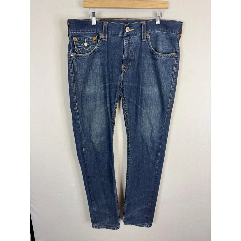 True‎ Religion Skinny Flap OM Mens Jeans 36X34 SN Body Rinse Blue Denim